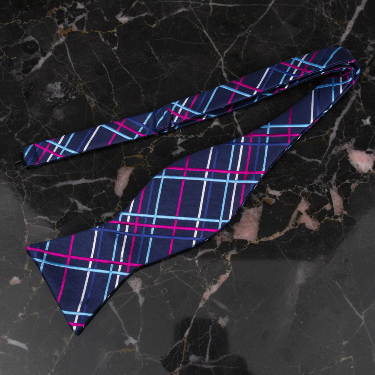 A Dark Blue, Light Blue, Pink Plaid Pattern Self Tie Bow Tie