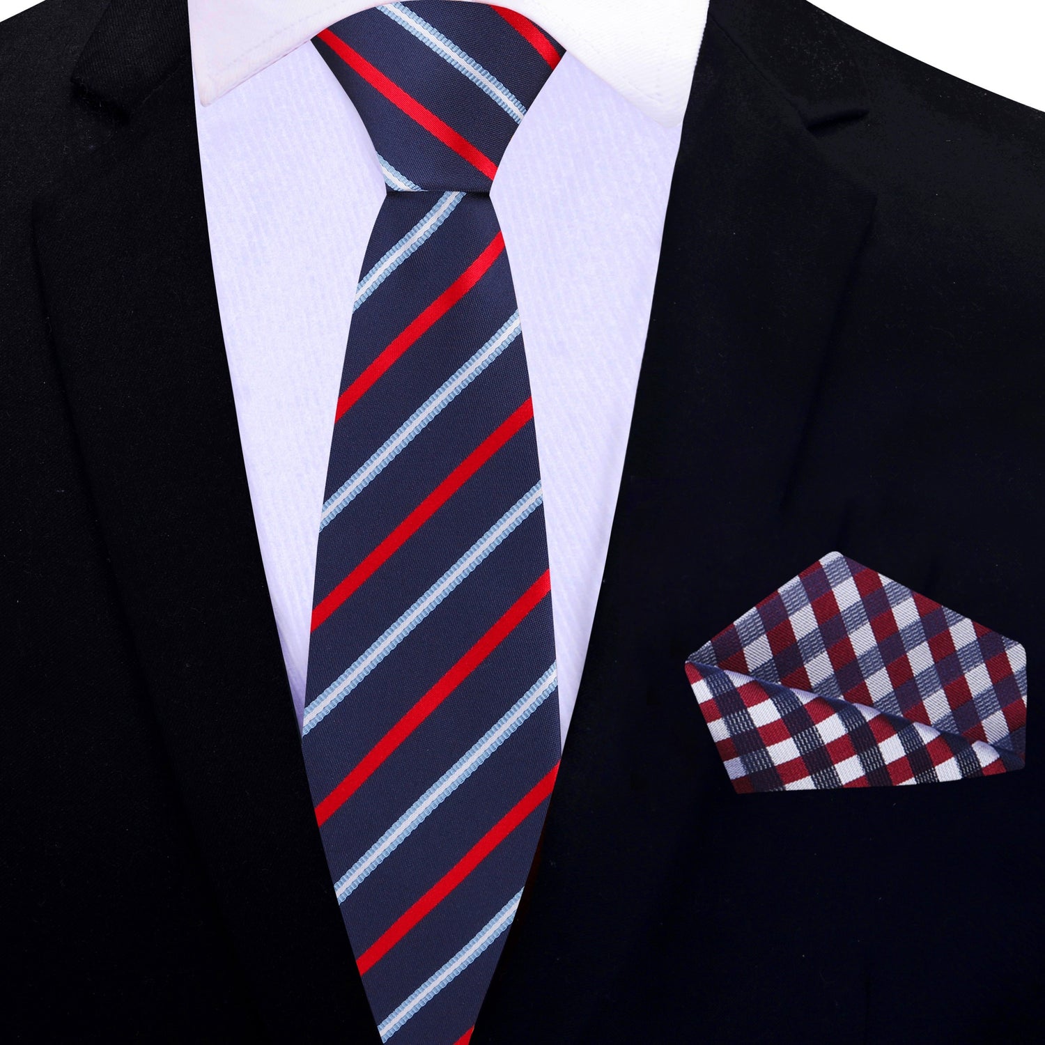 Dark blue, light blue, red stripe thin tie and accenting square
