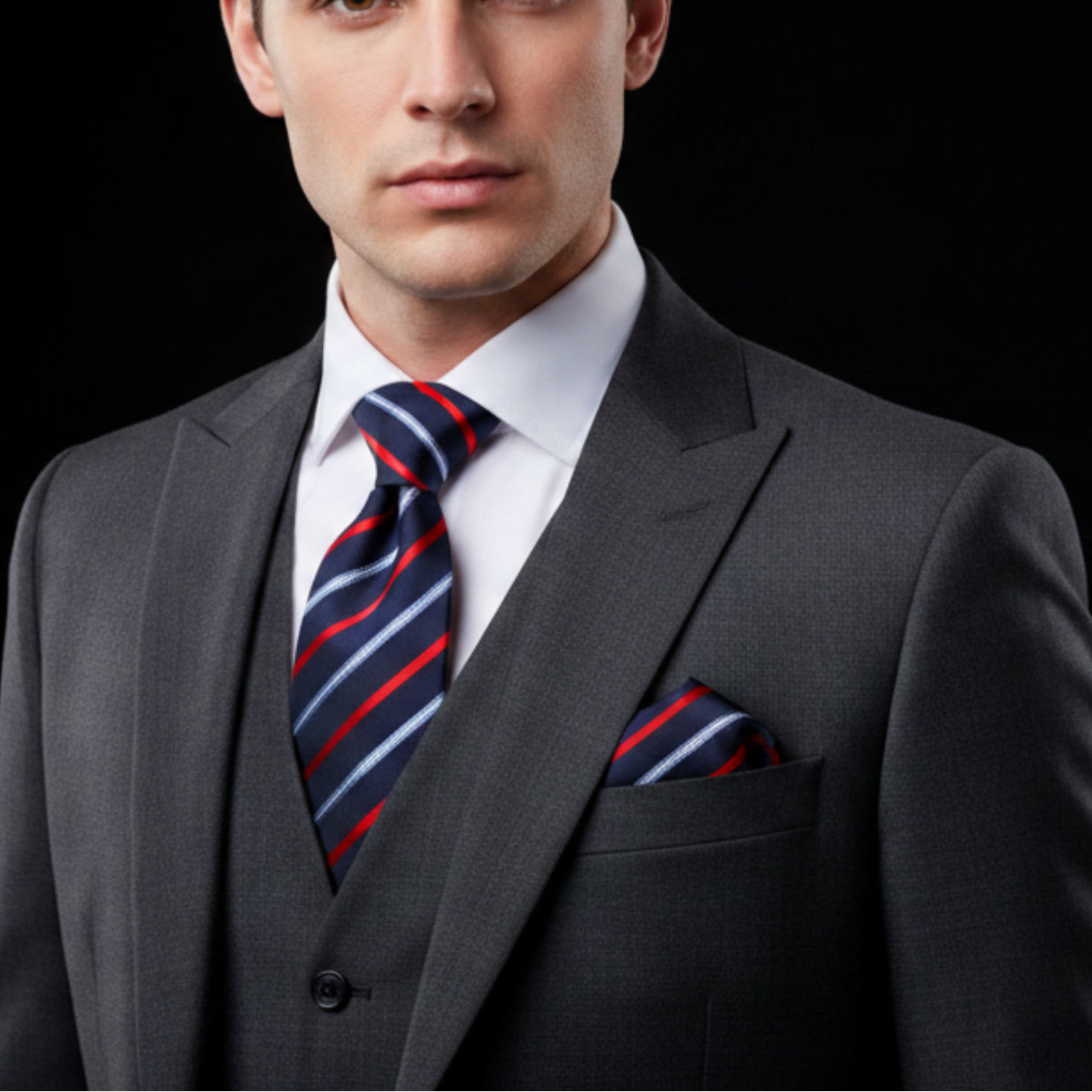 Man wearing a gray suit with a striped tie and pocket square on a black background