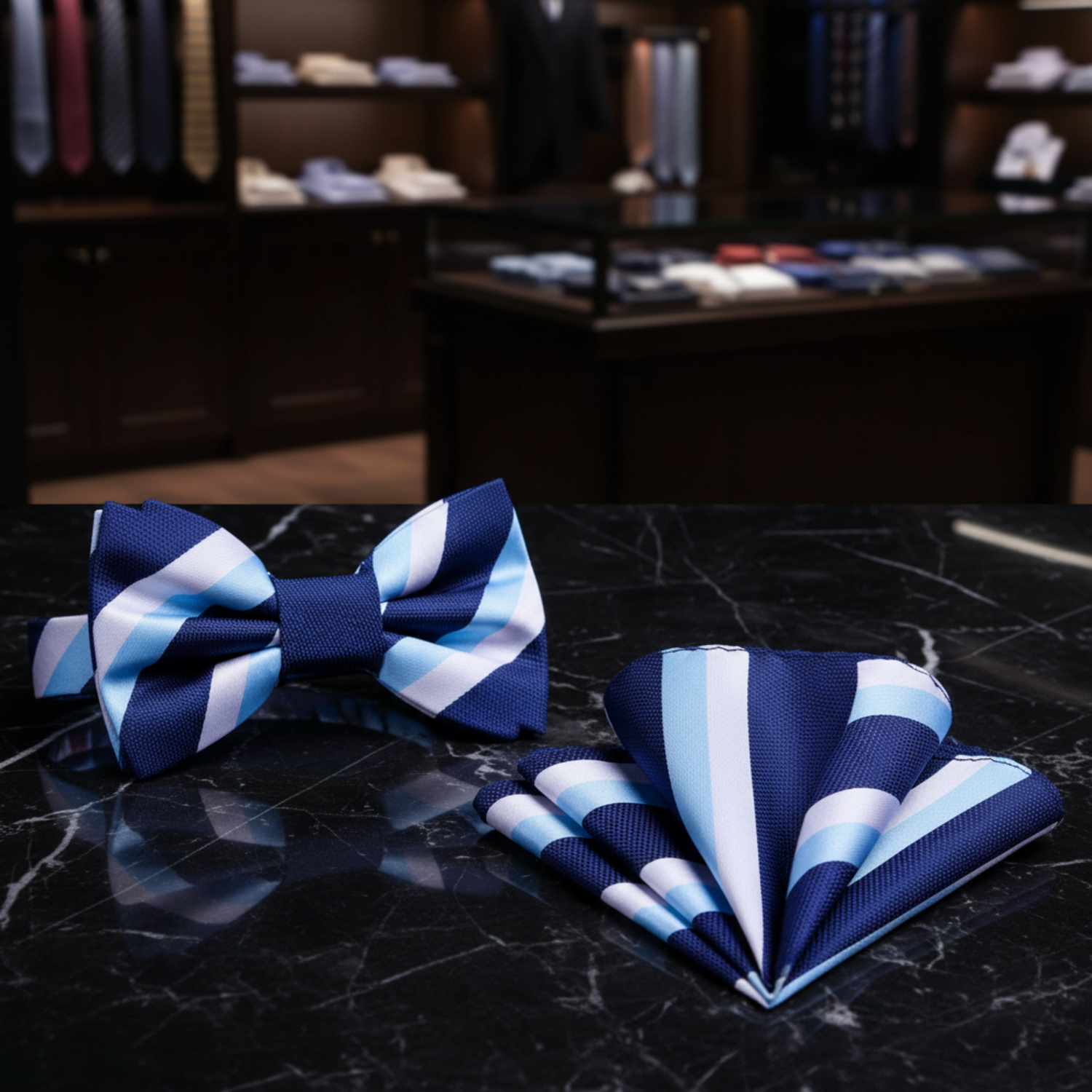 Blue, Light Blue and White Block Stripe Bow Tie and Square