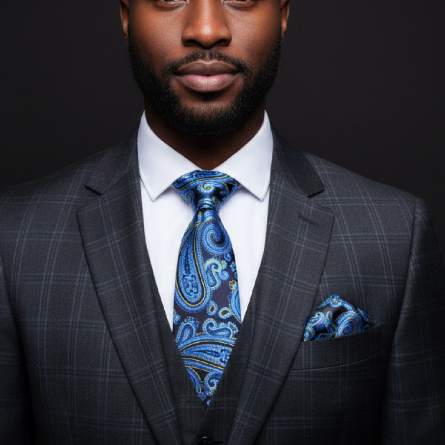 Man wearing a gray suit with a blue paisley tie and pocket square against a black background