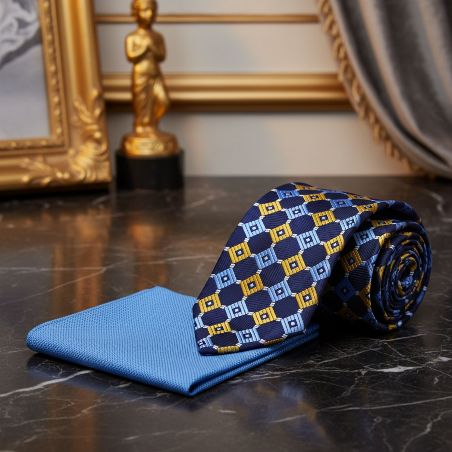 Blue patterned tie and blue pocket square  