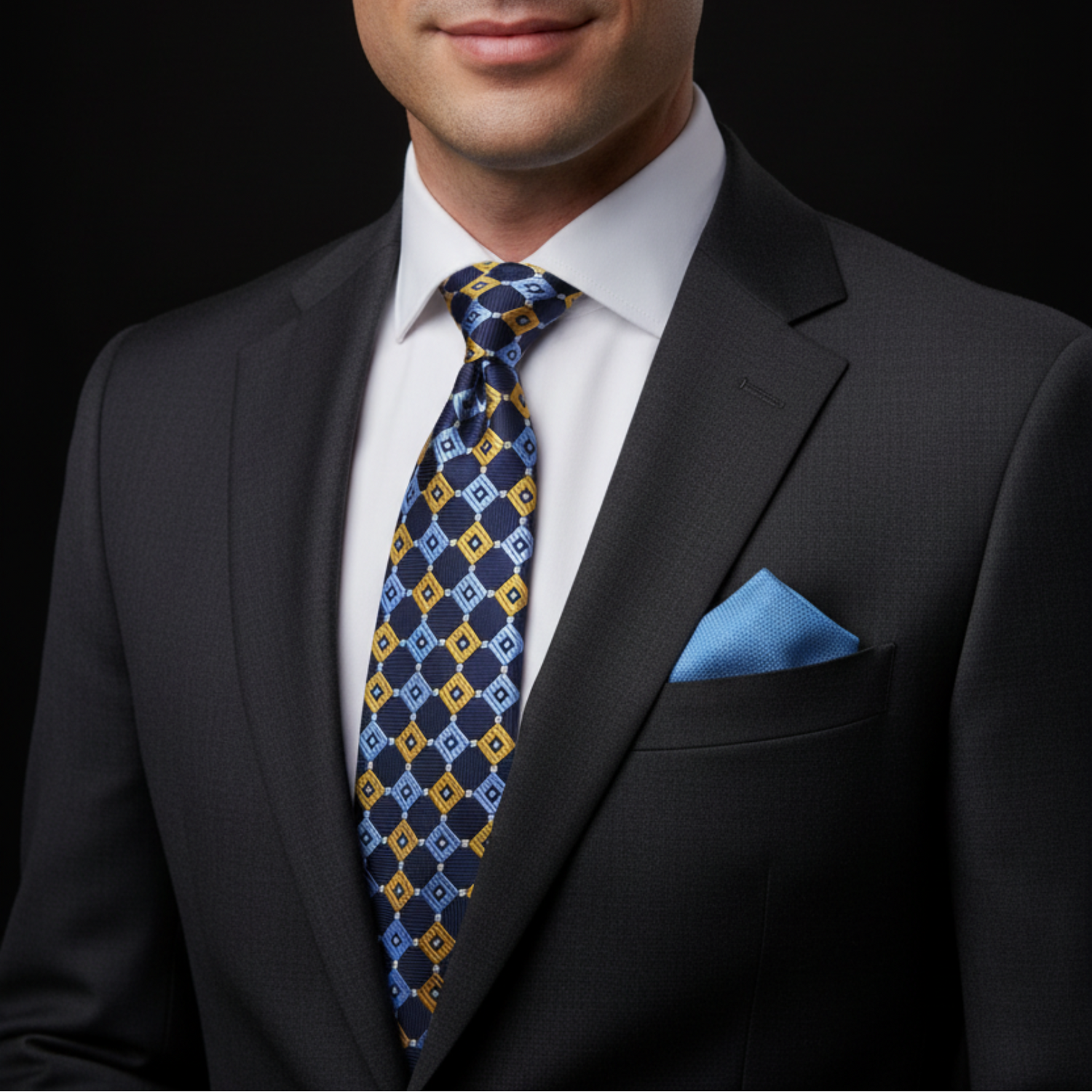 Blue patterned tie and blue pocket square  on man