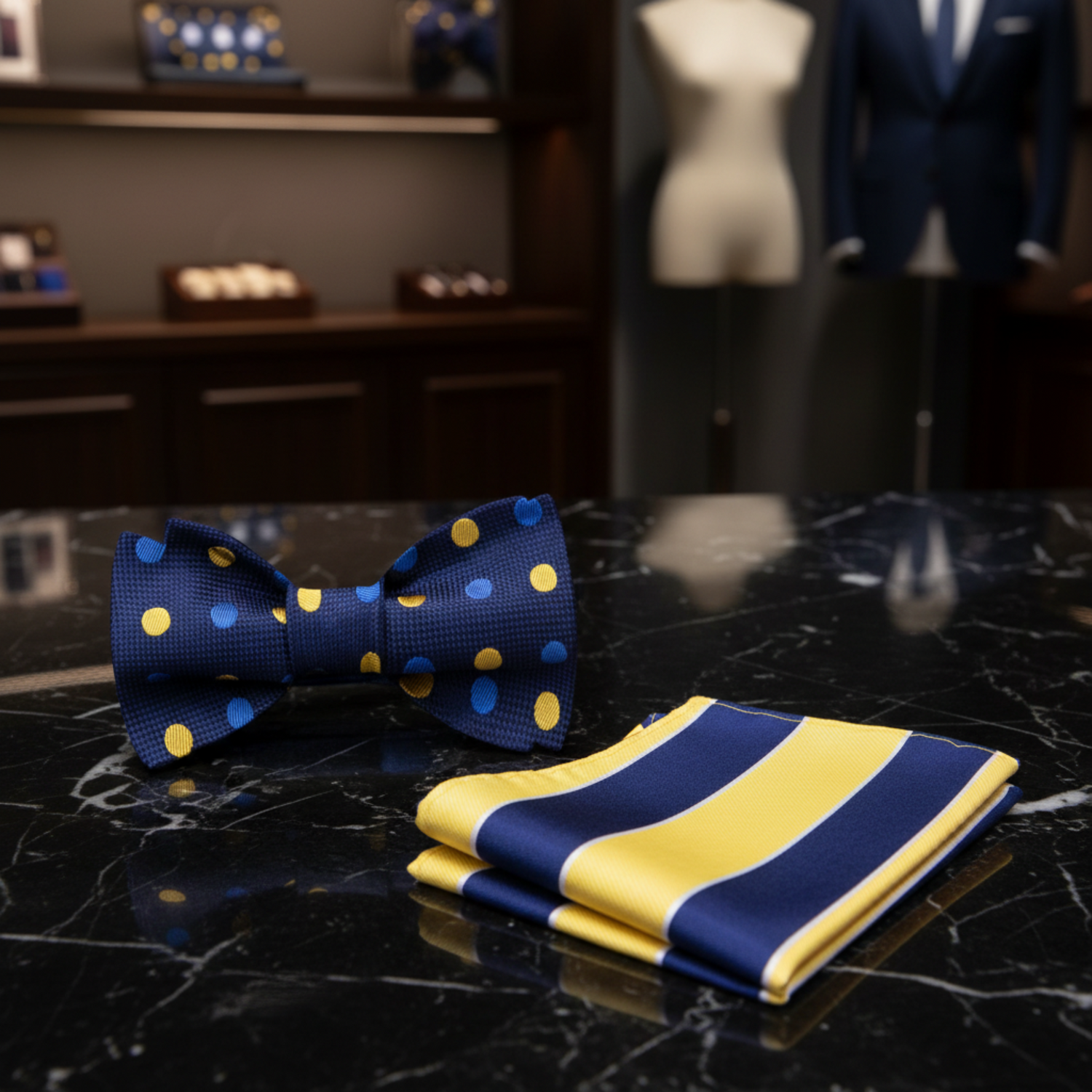 A pre-tied bow tie with a polka dot pattern in dark blue, light blue, and yellow, paired with a matching pocket square.