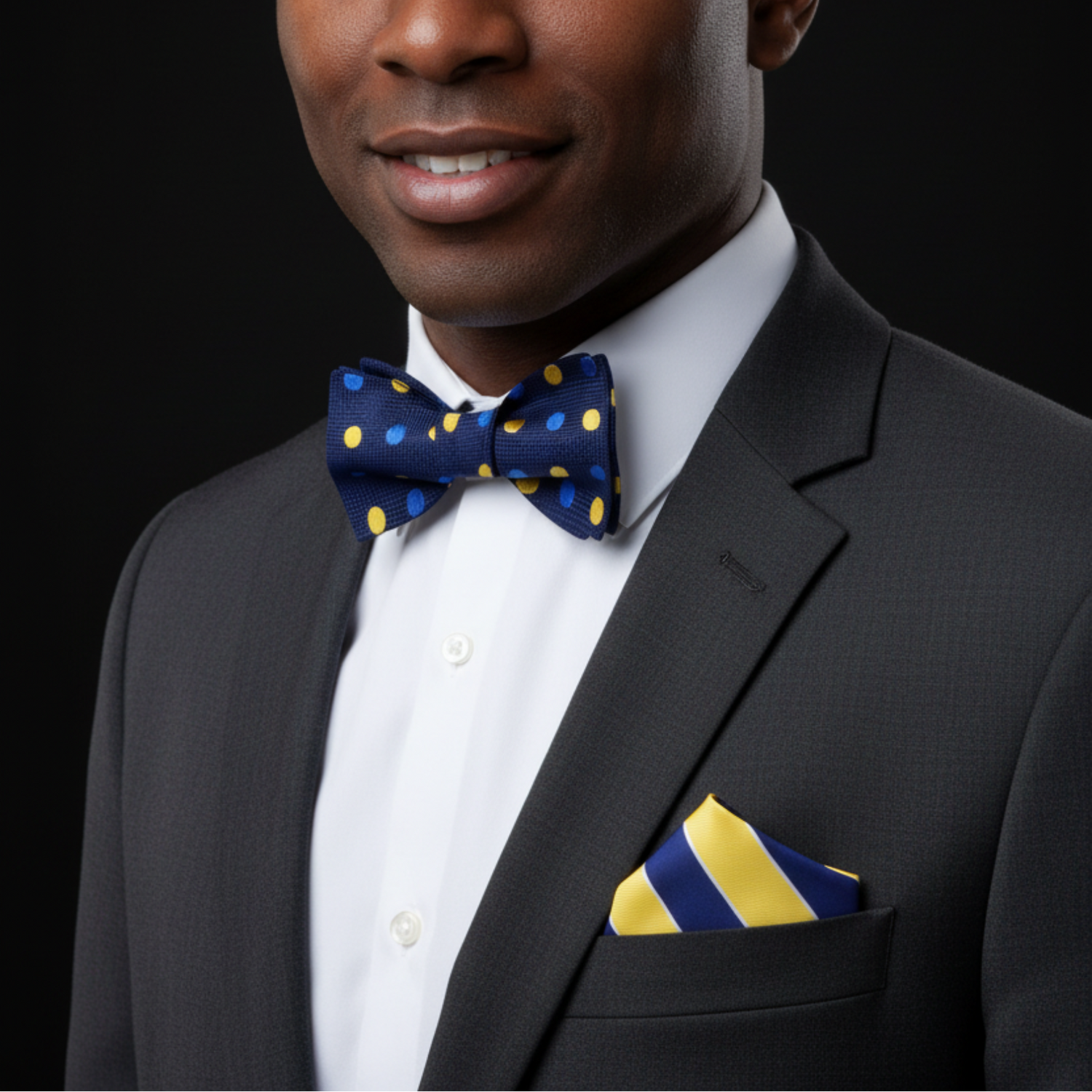Blue, Yellow Polka Bow Tie and Square on Man