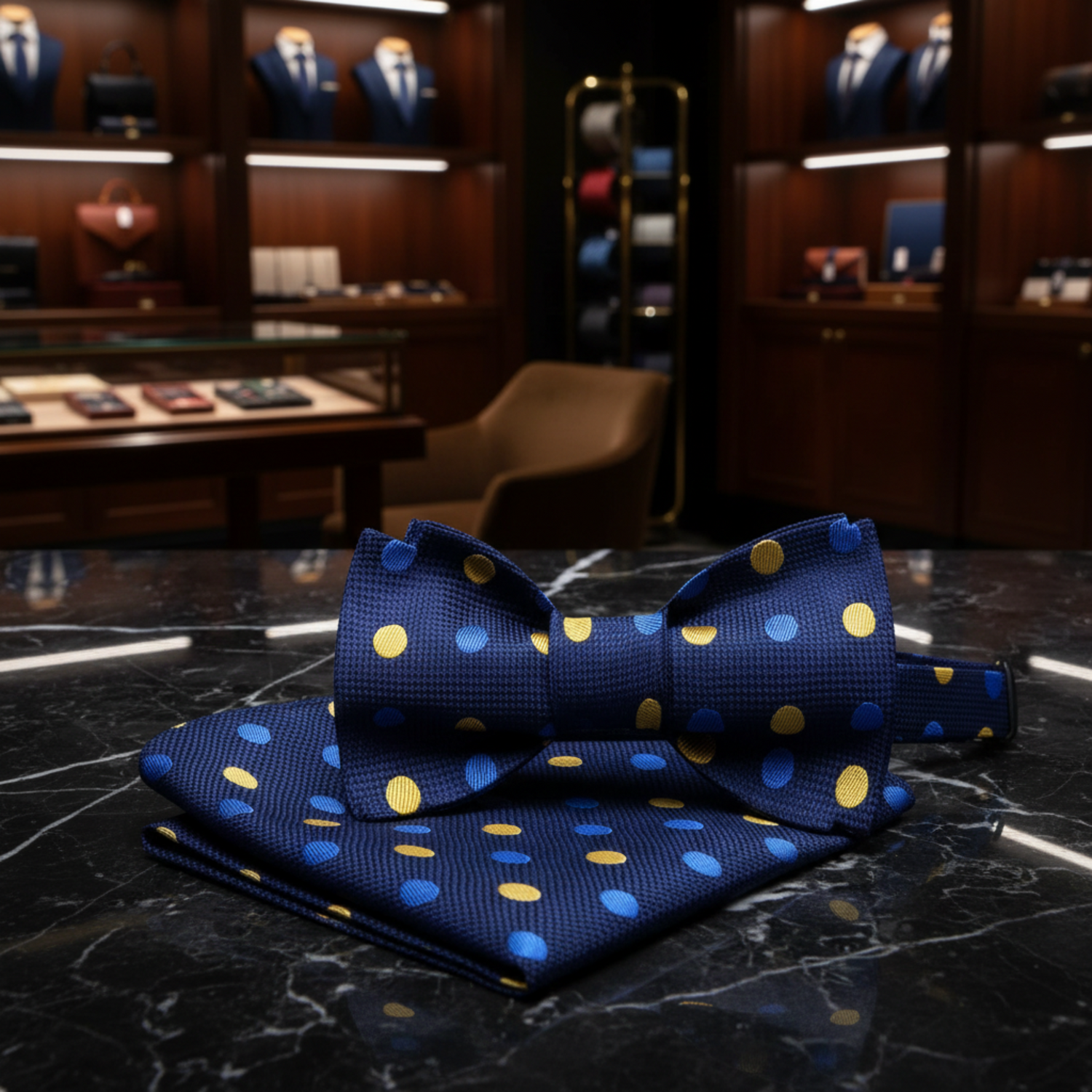 A pre-tied bow tie with a polka dot pattern in dark blue, light blue, and yellow, paired with a matching pocket square.