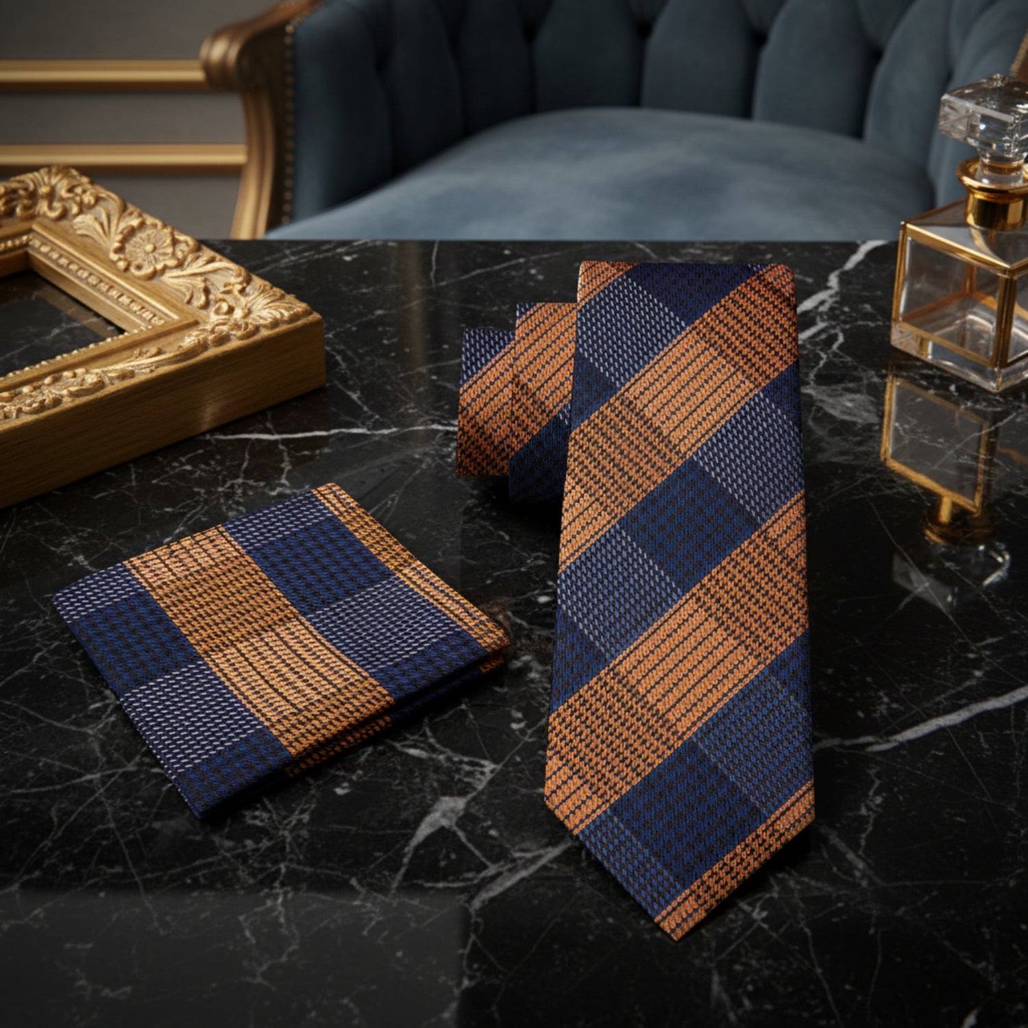 Blue and orange plaid tie and square on marble