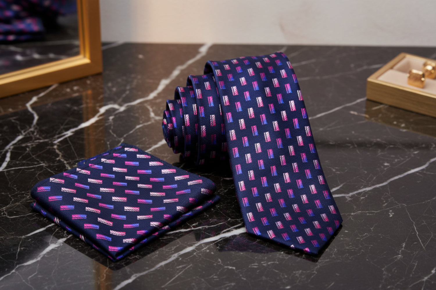 Black tie with red polka dots on a marble surface