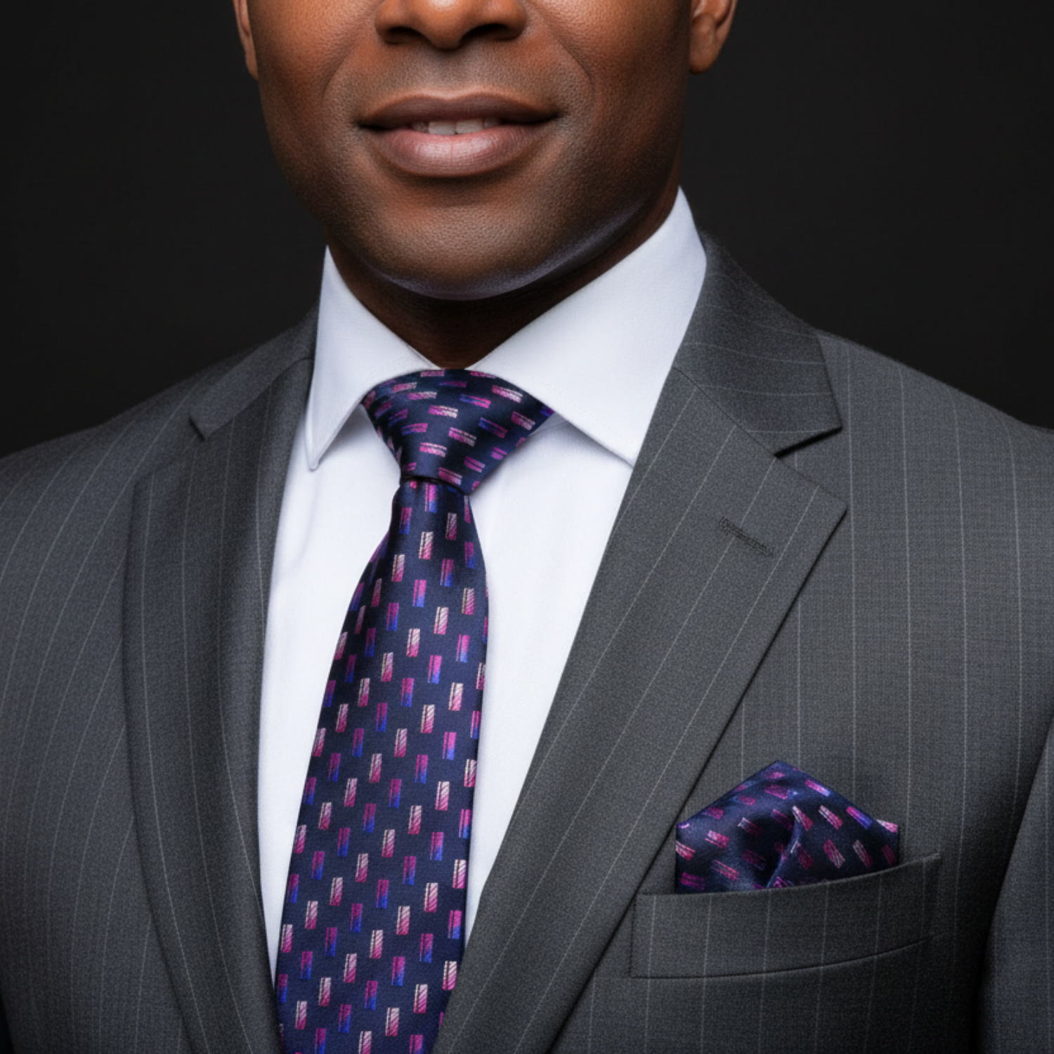 Man wearing a gray suit with a purple tie and pocket square on a black background
