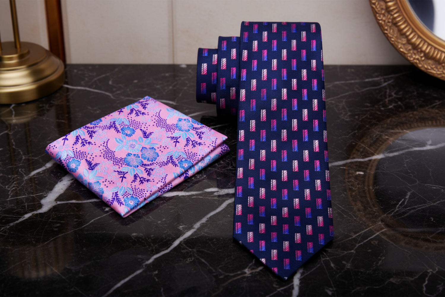 Set of patterned tie and pocket square on a marble table