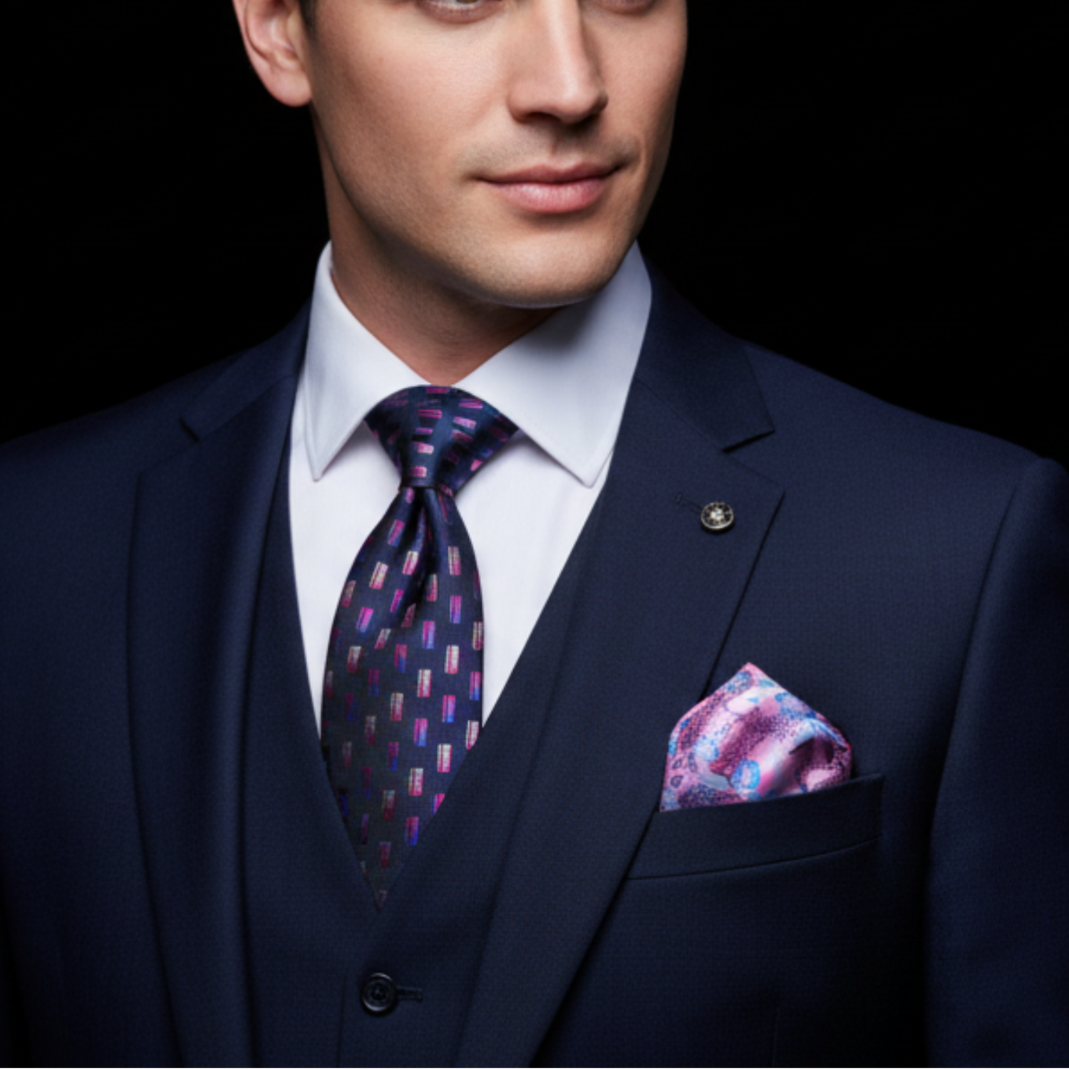 Man wearing a navy suit with a patterned tie and pocket square against a black background
