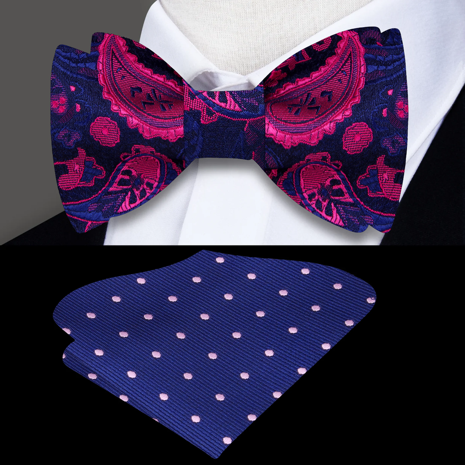 Blue and pink paisley bow tie with accenting blue with pink dot pocket square on a white background