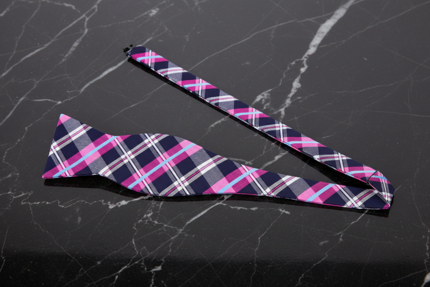 Dark Blue and Pink Plaid Self Tie Bow Tie