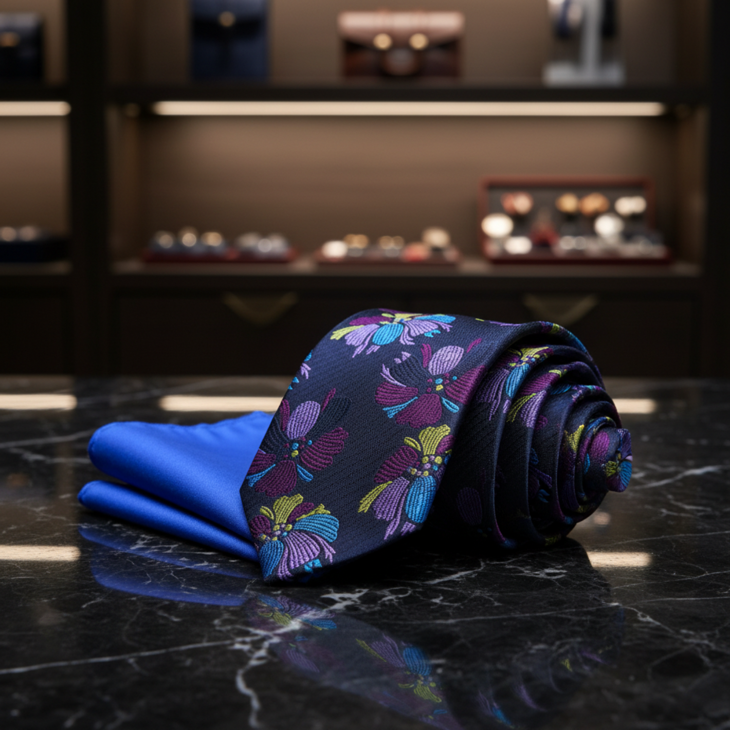 Alt View: Blue Floral Necktie and Light Blue Square