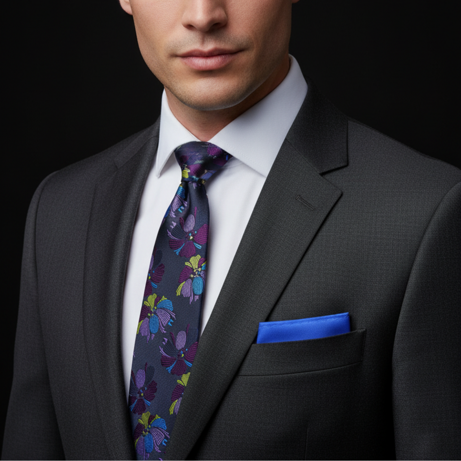 Man wearing a dark gray suit with a colorful tie and blue pocket square on a black background