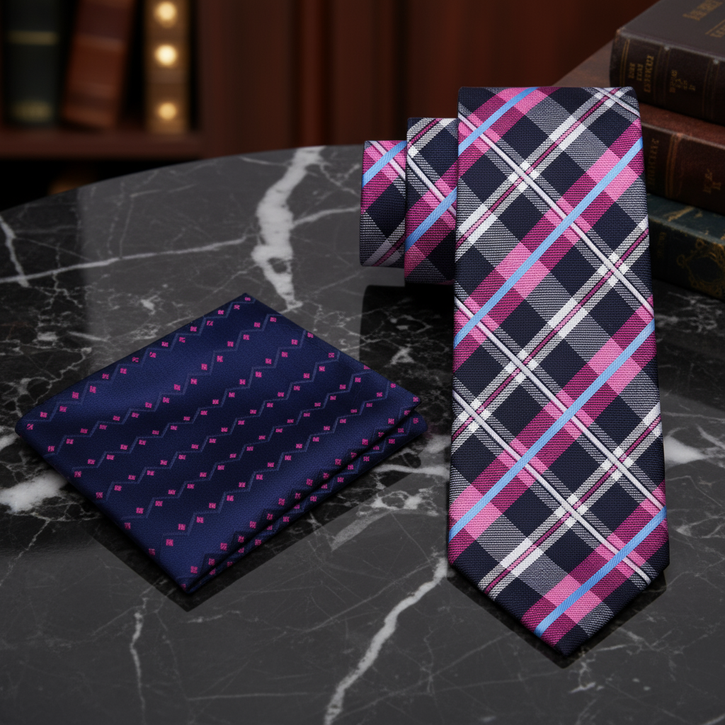 View 2: Dark Blue, Purple and Light Blue Plaid Necktie & Blue pink Check Square