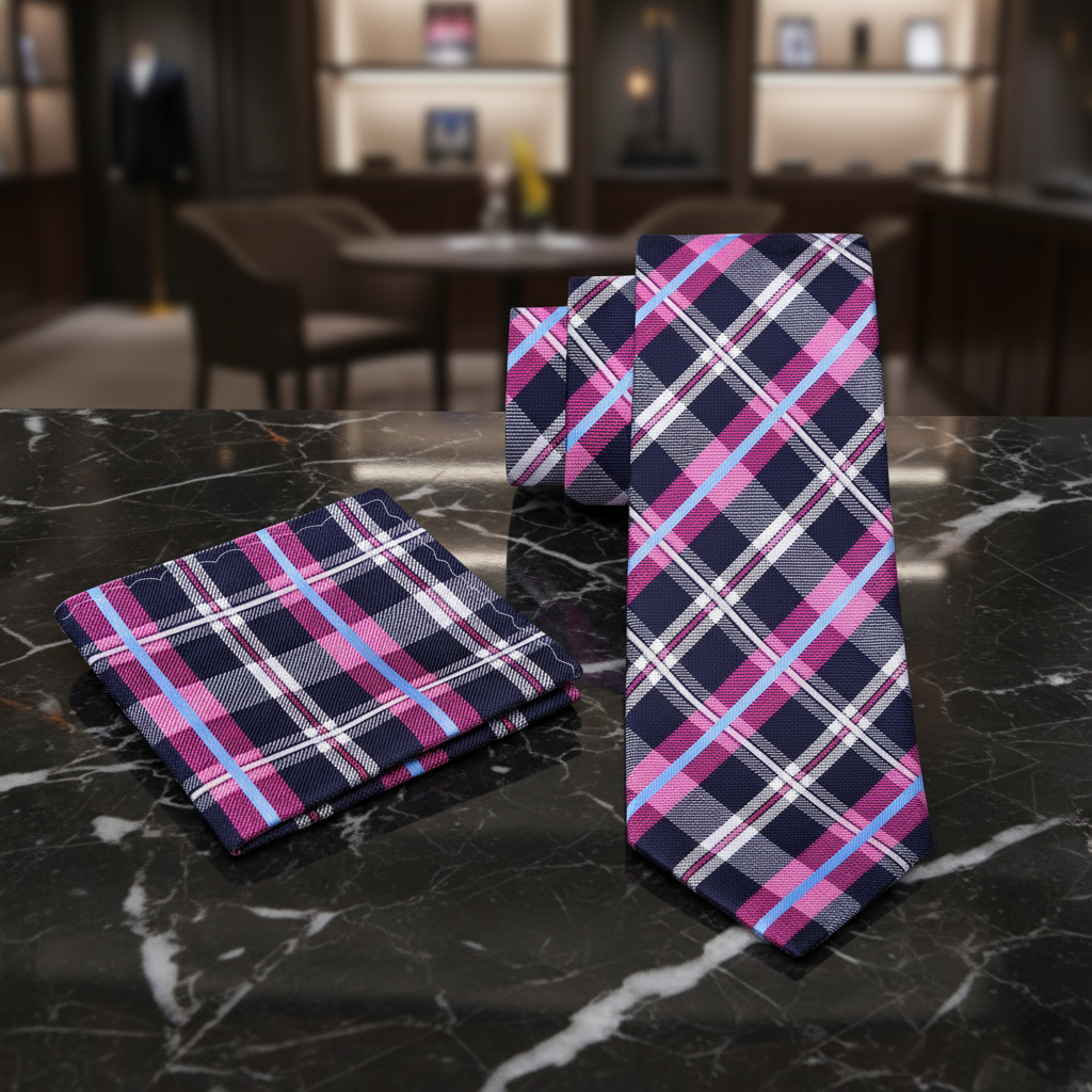 View 2: Dark Blue, Purple and Light Blue Plaid Necktie & Square