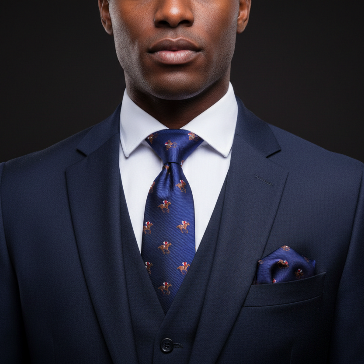 Man wearing a navy suit with a patterned tie and pocket square on a dark background