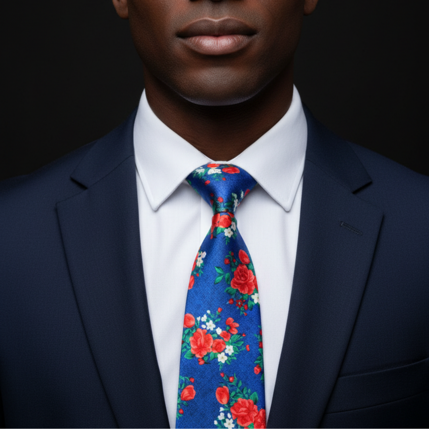 Man wearing a dark suit with a white shirt and a colorful floral tie against a black background