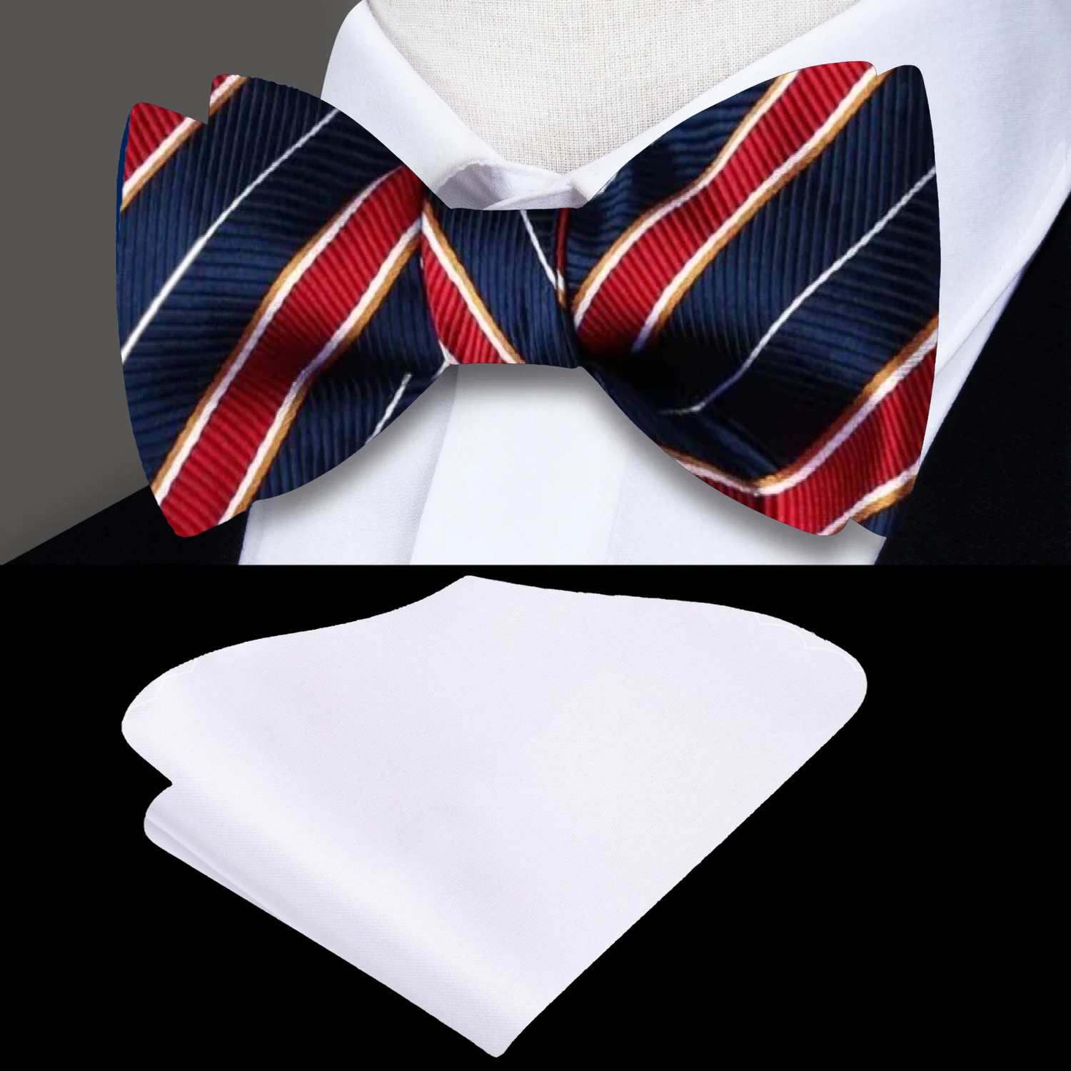 A Dark Blue, Red Stripe Pattern Self Tie Bow Tie, Matching Pocket Square
