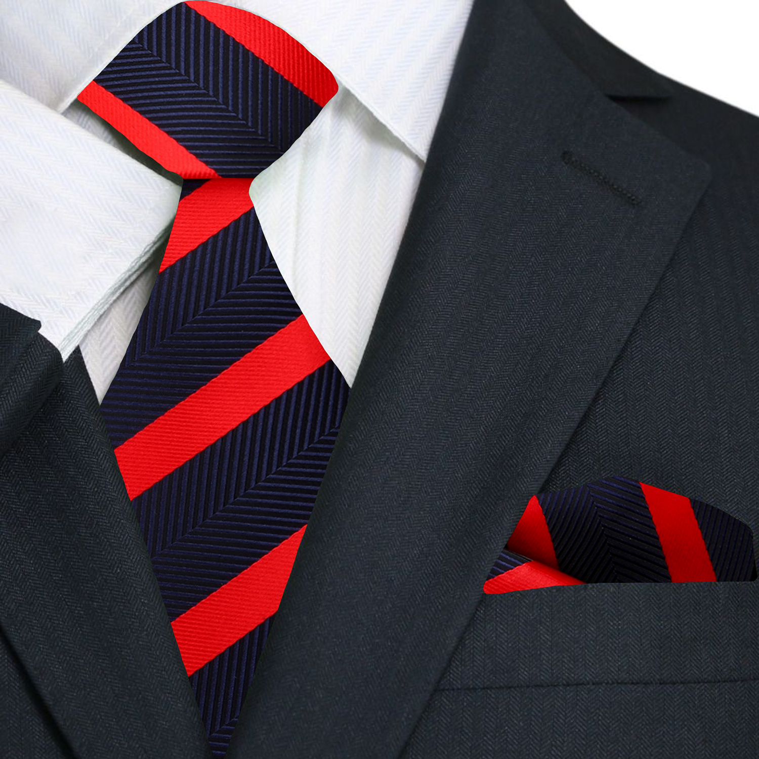 Red and navy striped tie with matching pocket square on a suit jacket