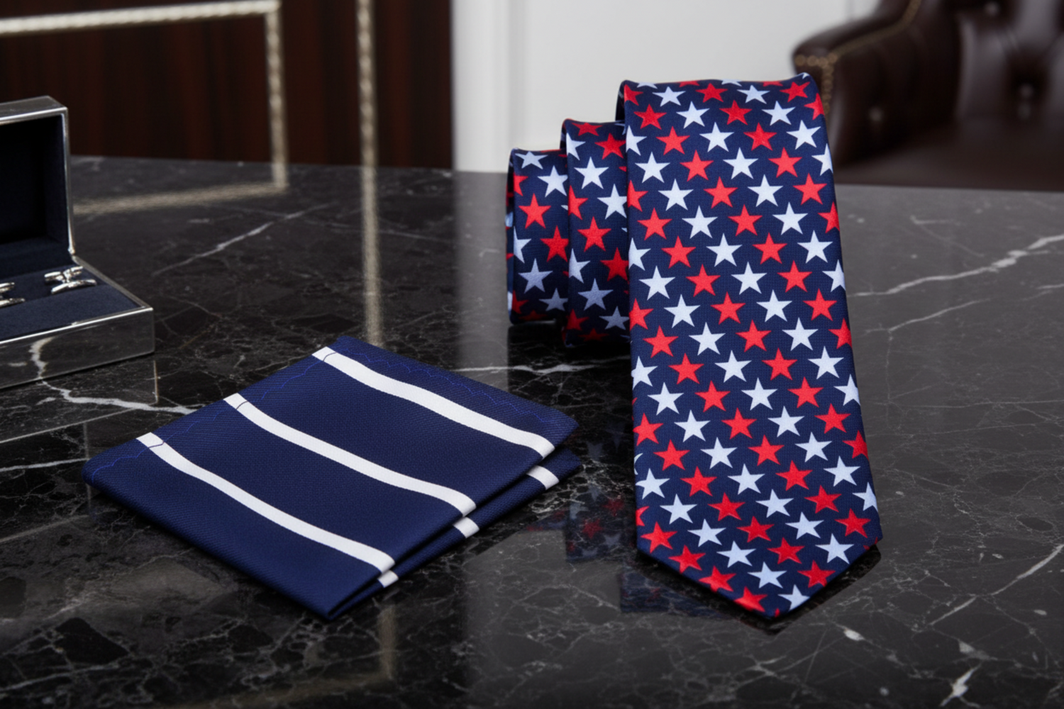 Navy tie with red and white star pattern and matching pocket square 