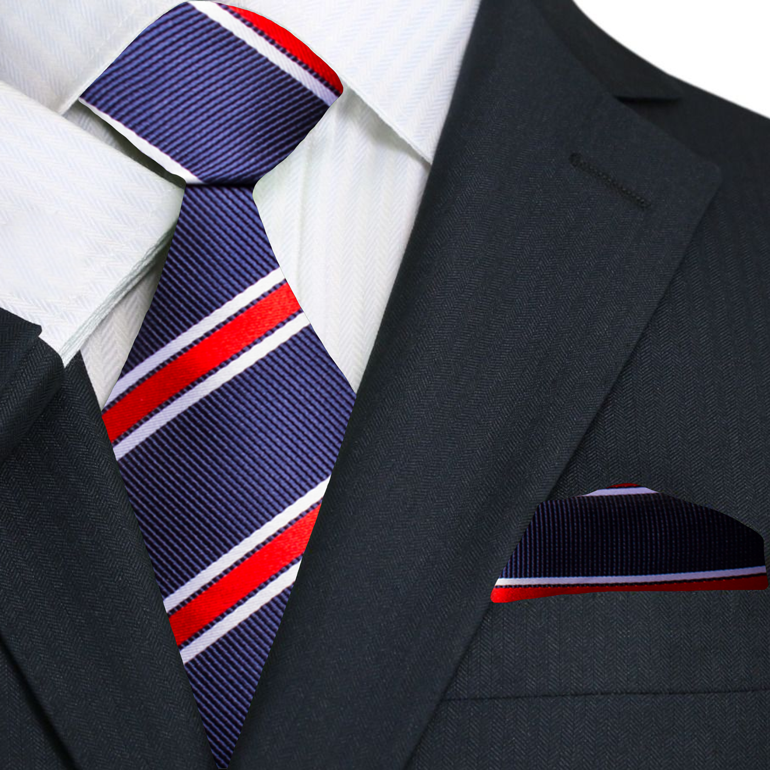 Navy suit with a red and white striped tie and matching pocket square.