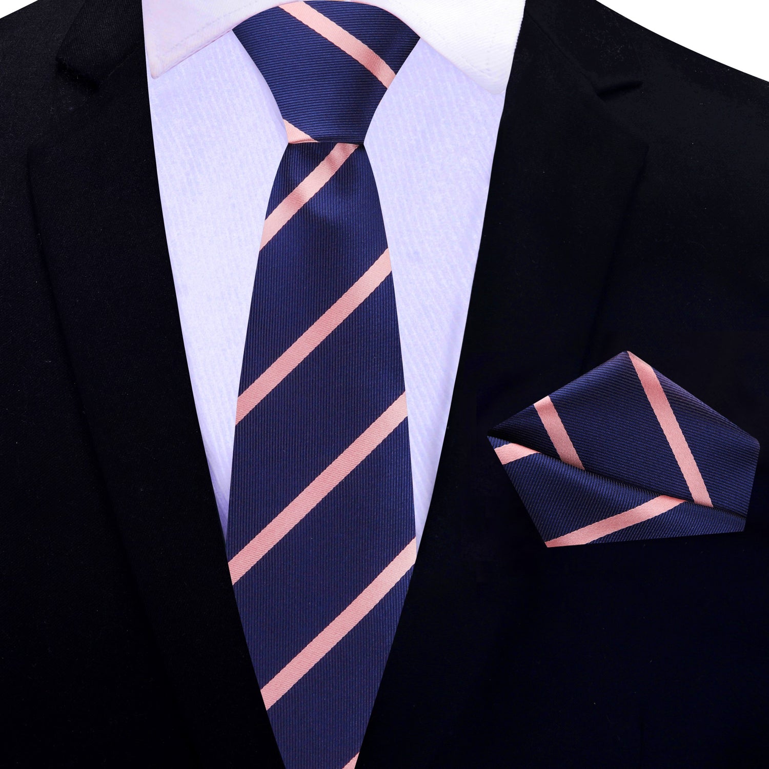 Thin Tie: Navy Blue with Salmon Stripe Tie and Matching Square