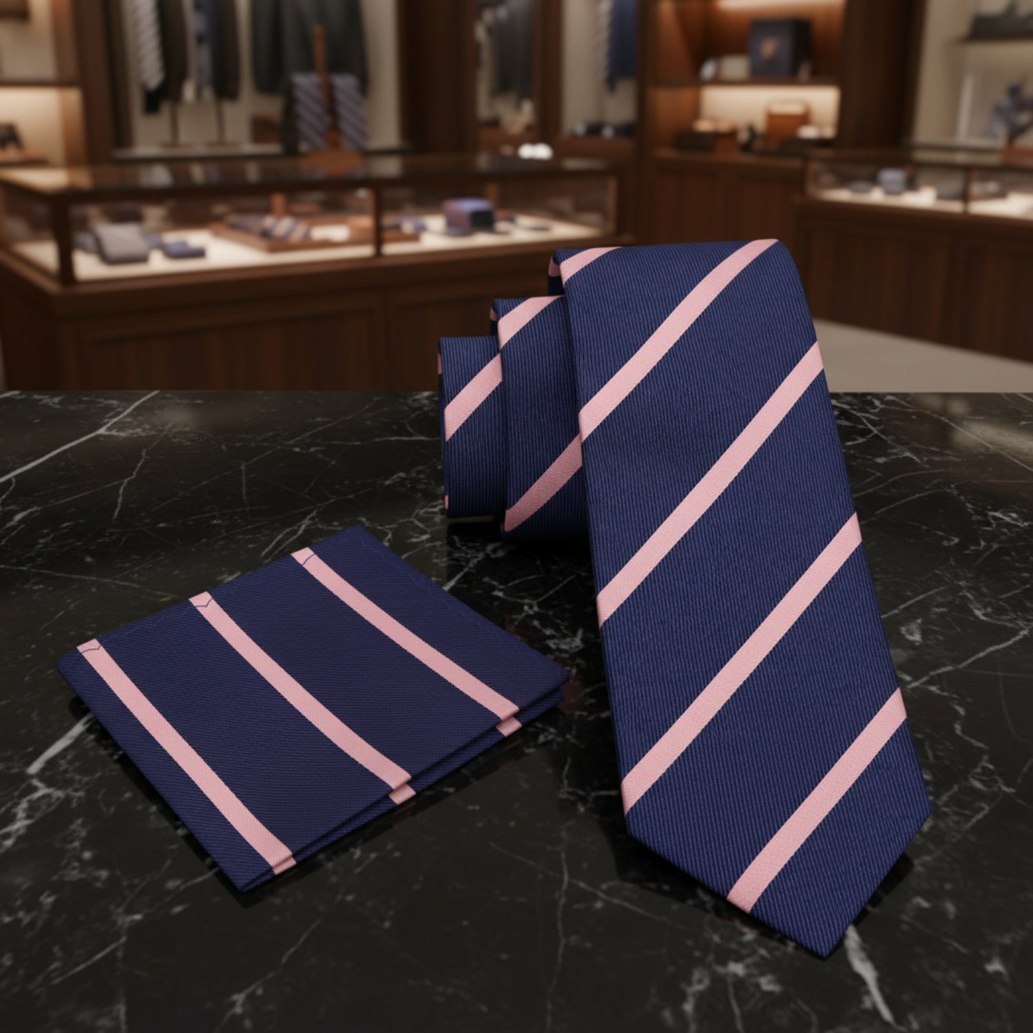 Alt View: Navy Blue with Salmon Stripe Tie and Matching Square