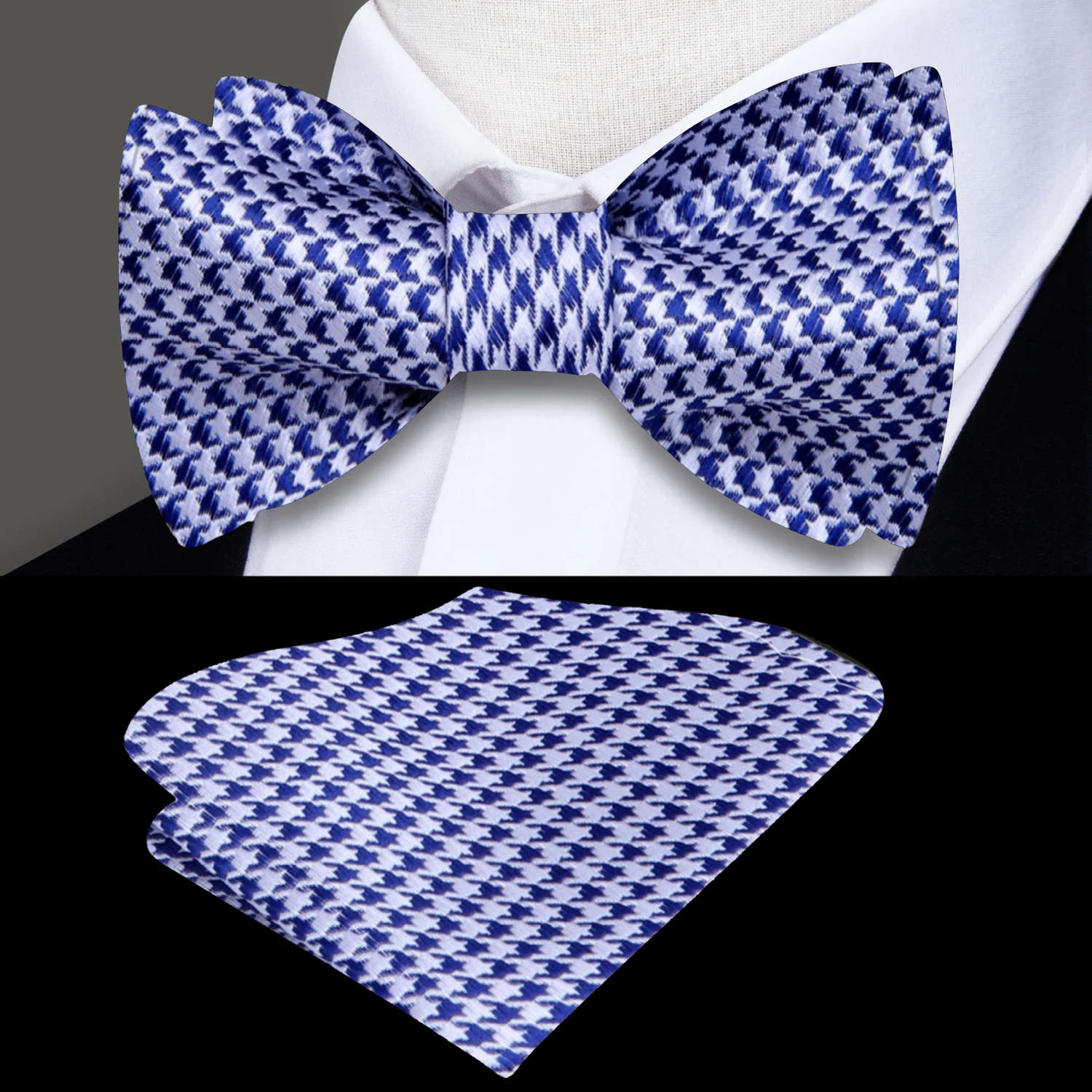 Blue, White Geometric Bow tie and square