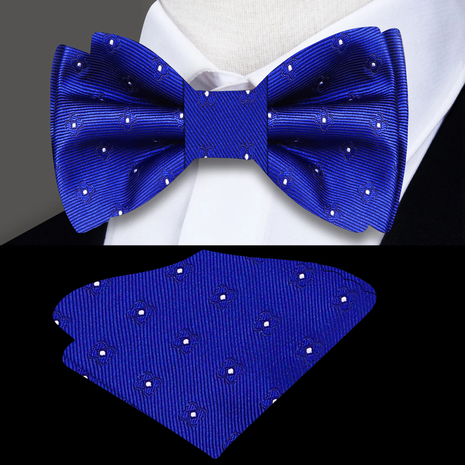 Blue bow tie with white polka dots on a mannequin, with a matching pocket square below.