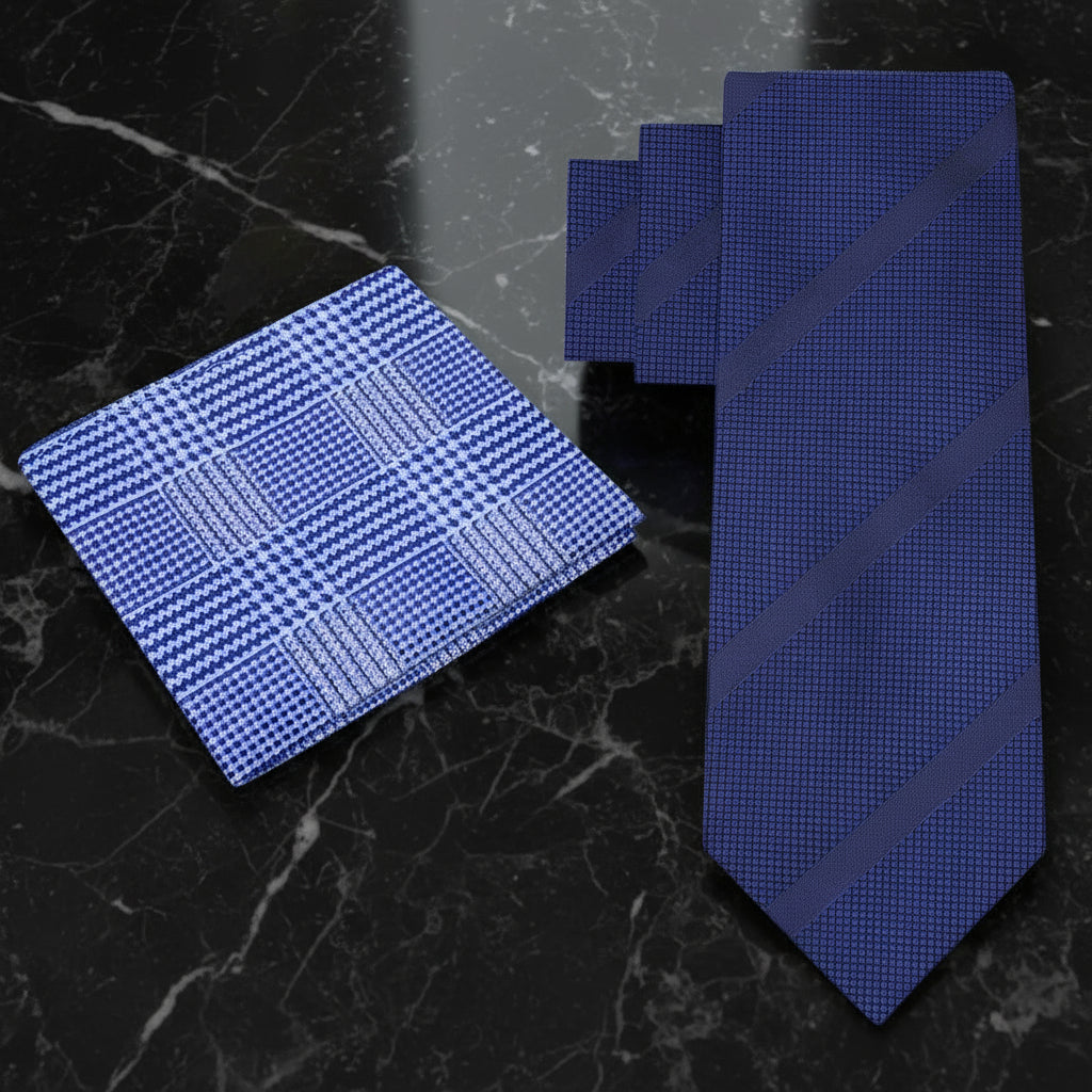 Alt View: Deep Blue Stripe Necktie and Light Blue Plaid Pocket Square