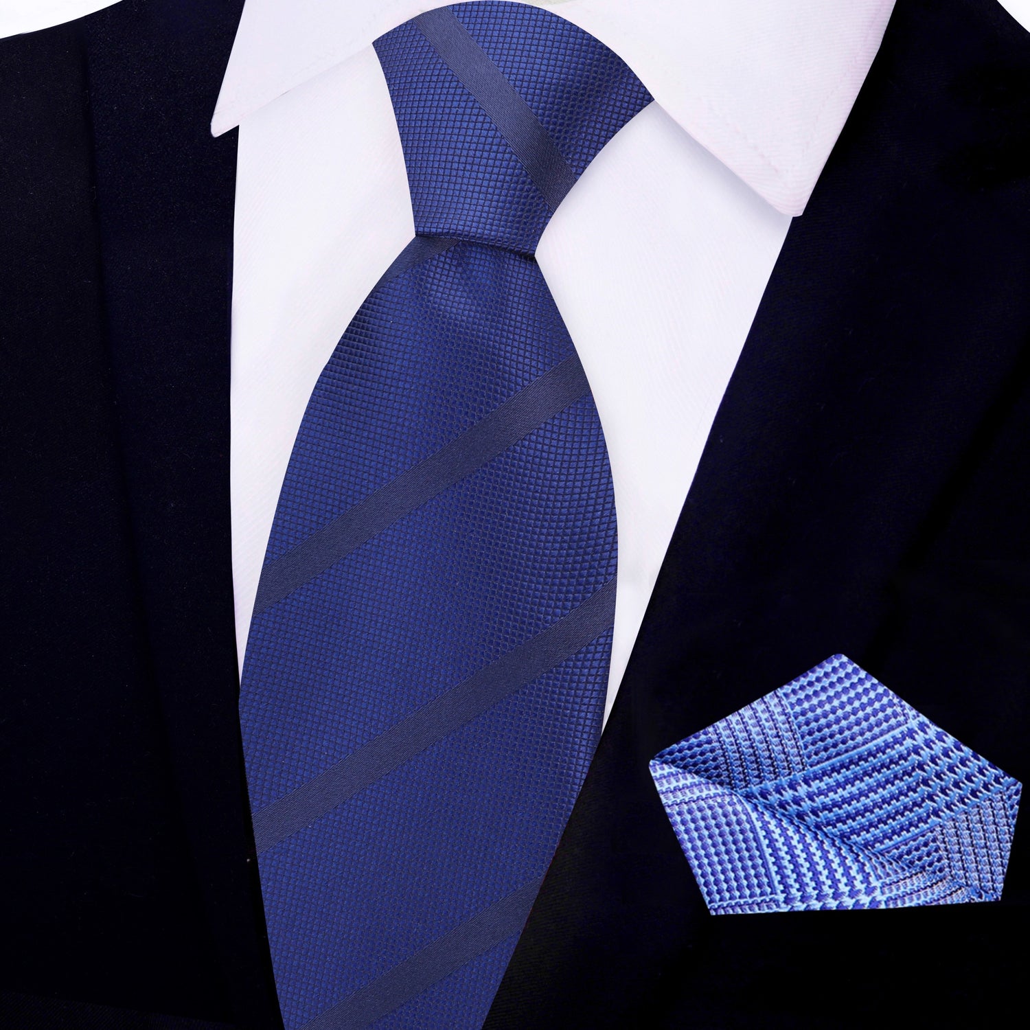 Main: Deep Blue Stripe Necktie and Light Blue Plaid Pocket Square