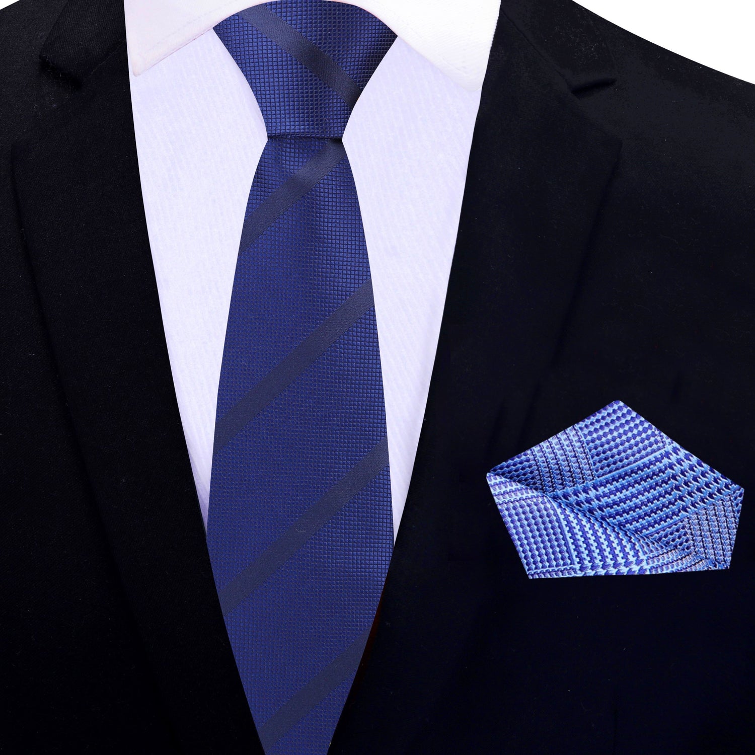 Thin Tie: Deep Blue Stripe Necktie and Light Blue Plaid Pocket Square