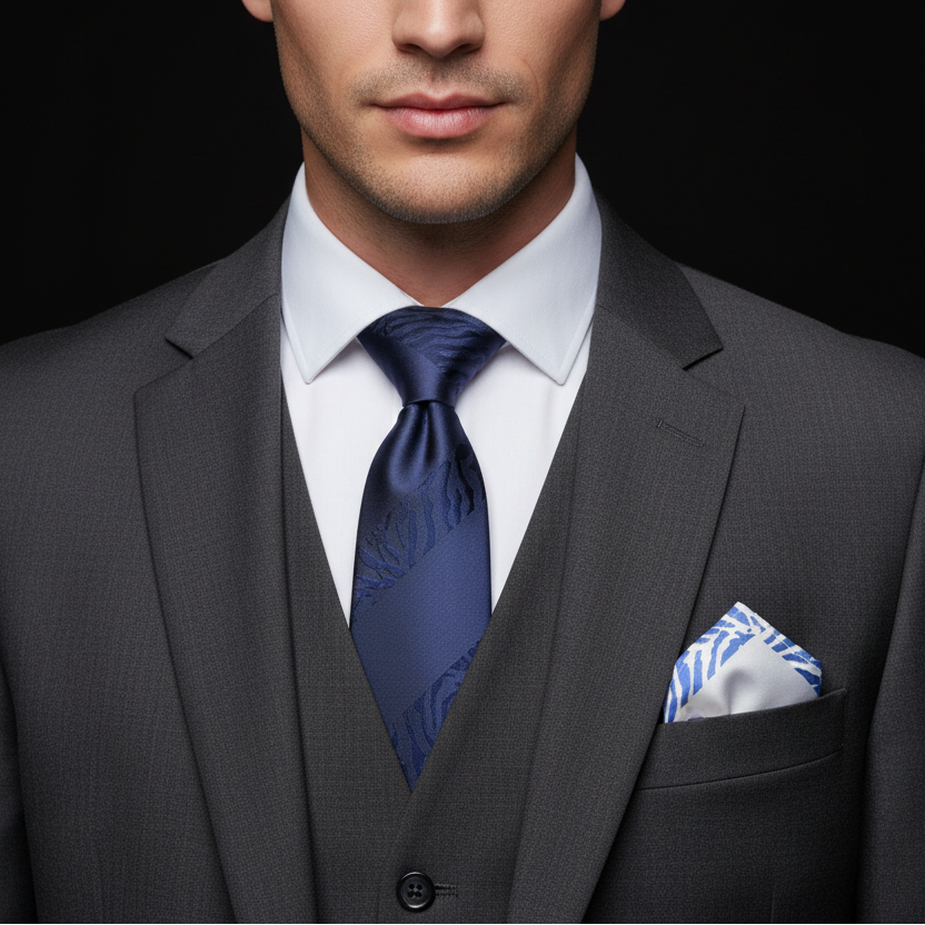 Man wearing a gray suit with a blue tie and pocket square on a black background