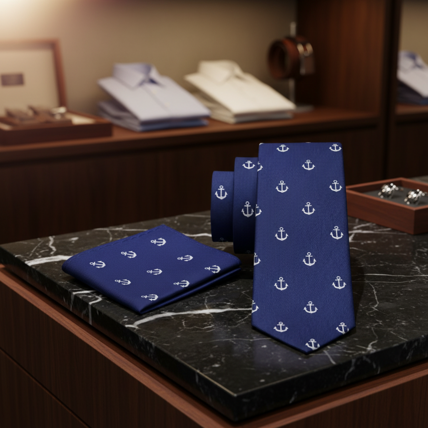 Alt: Blue, Grey Anchor Necktie and Square