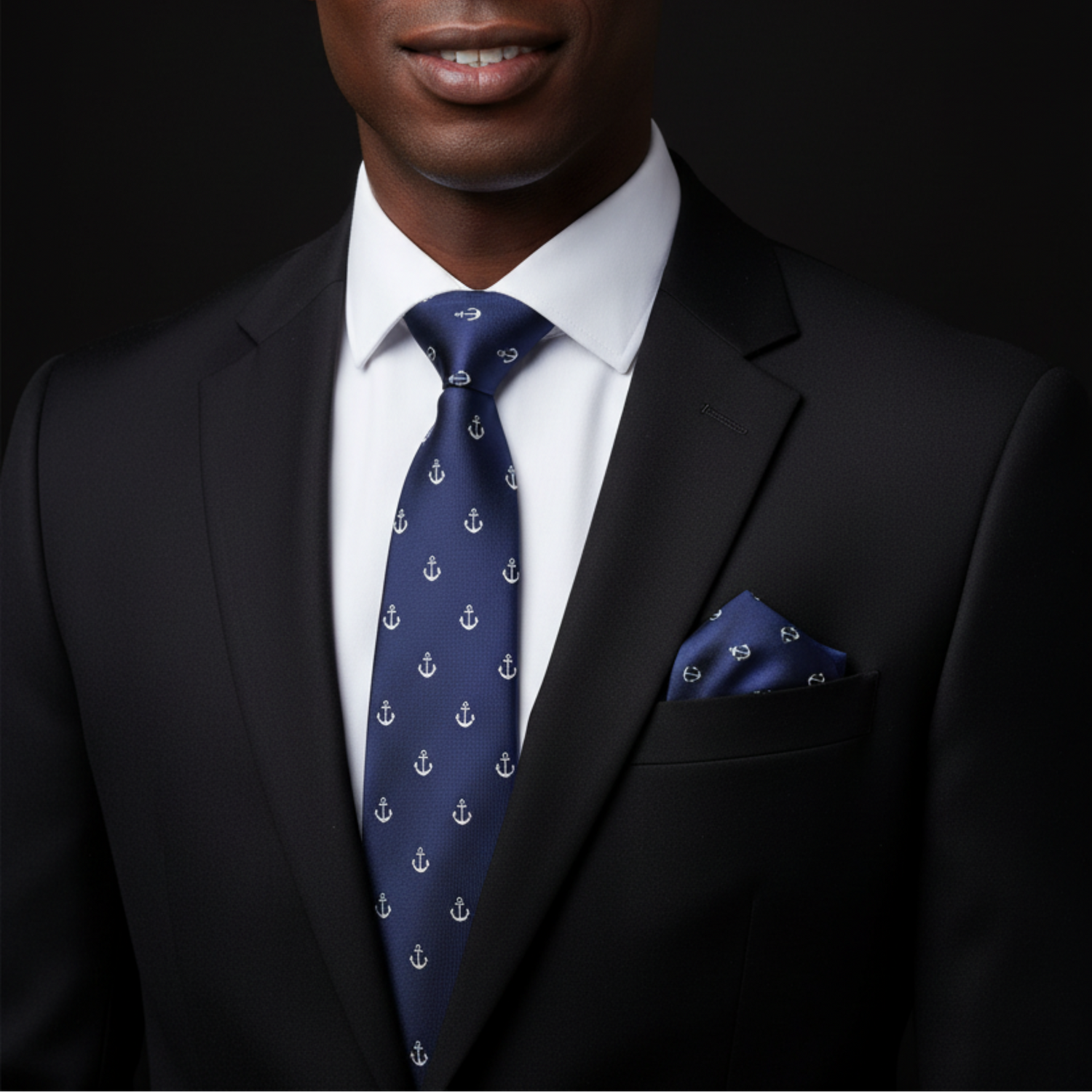 Man wearing a black suit with a blue tie and pocket square on a dark background