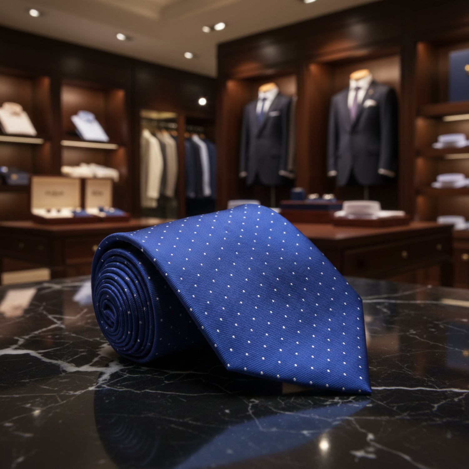Dark Blue and White Polka Necktie