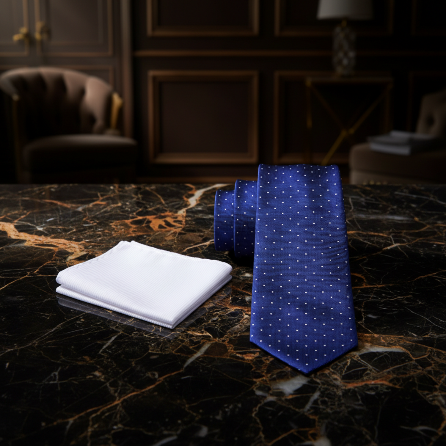 View 2: Dark Blue White Polka Necktie and White Square