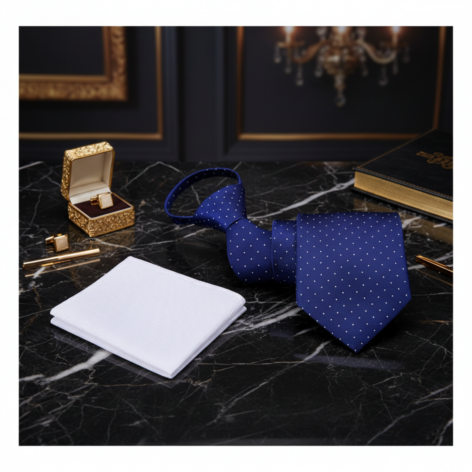 Zipper: Dark Blue White Polka Necktie and White Square