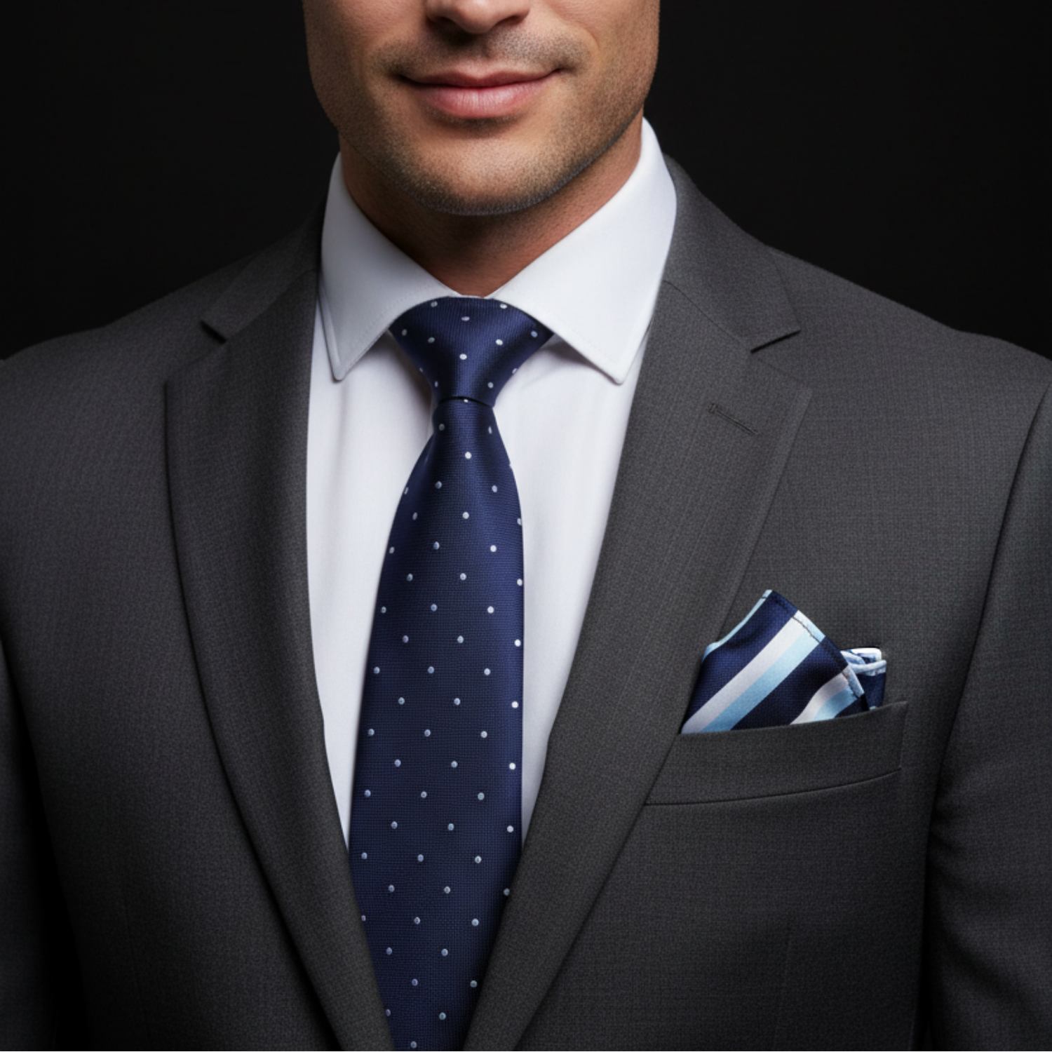 Man wearing a gray suit with a blue polka dot tie and striped pocket square on a black background