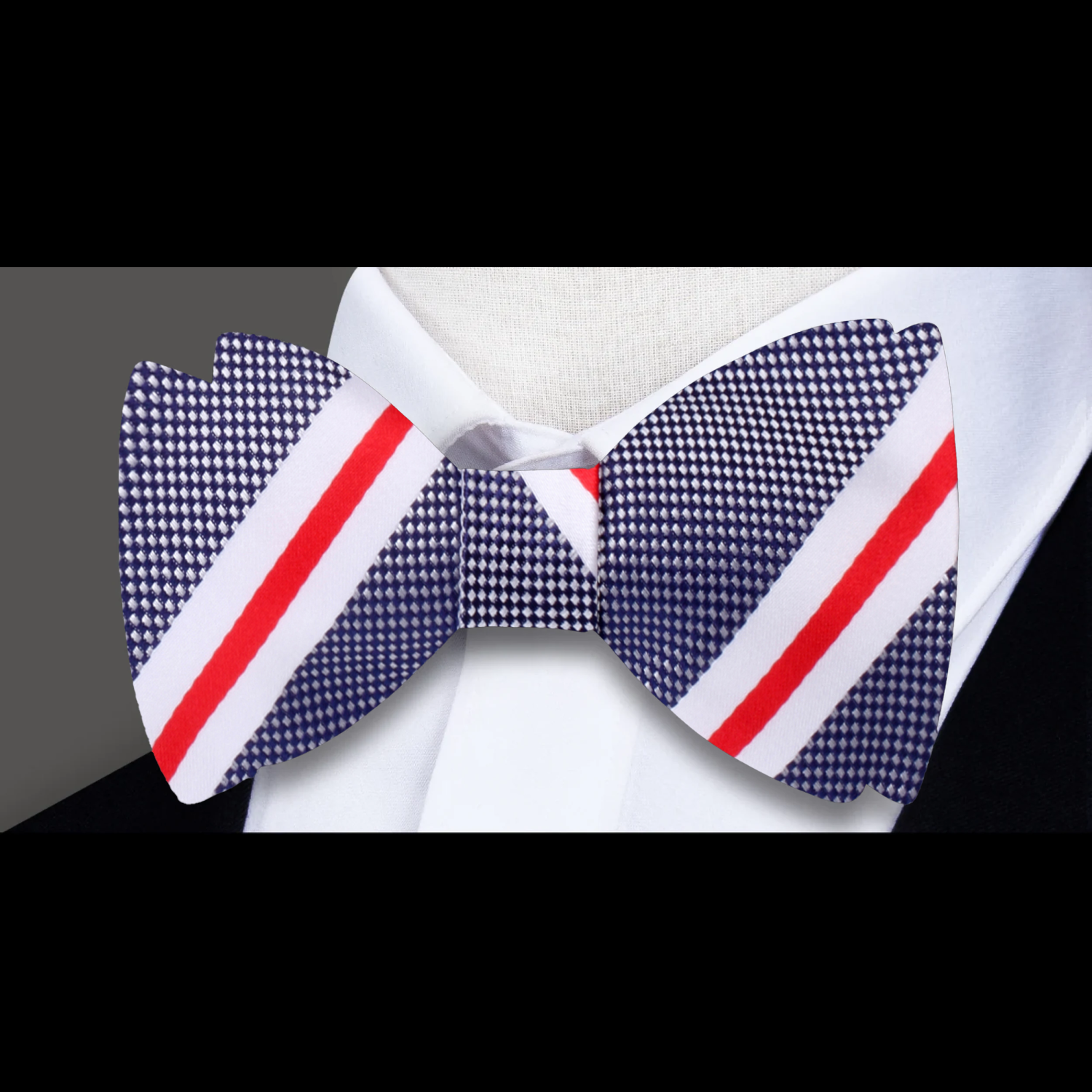 A White, Blue, Red Stripe Pattern Silk Self Tie Bow Tie 