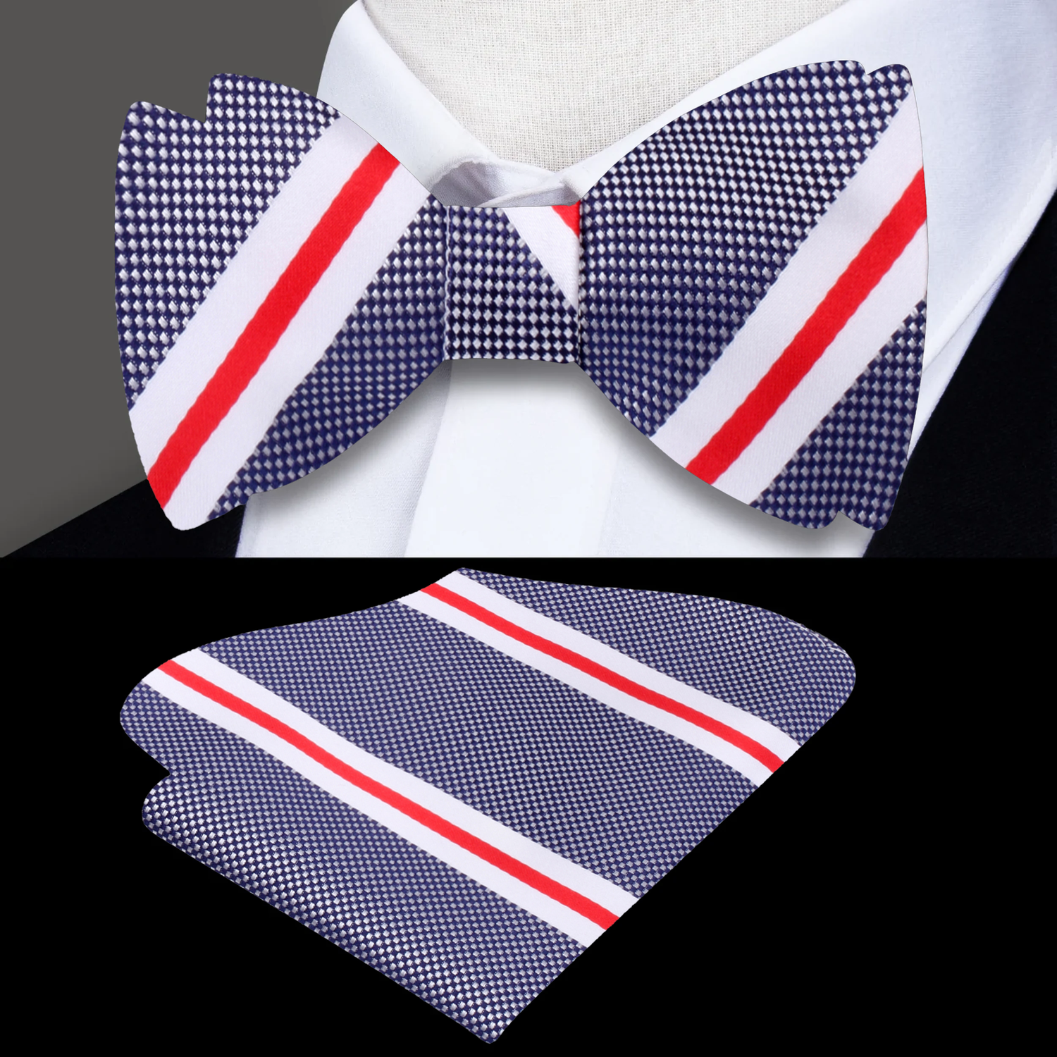 A White, Blue, Red Stripe Pattern Silk Self Tie Bow Tie, Matching Pocket Square