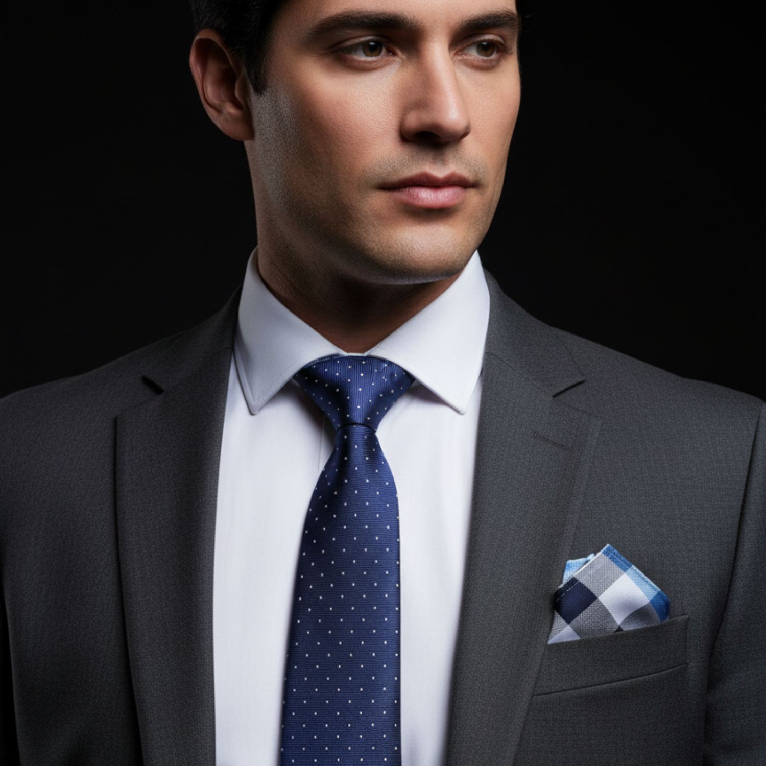 Man wearing a gray suit with a blue tie and pocket square on a black background