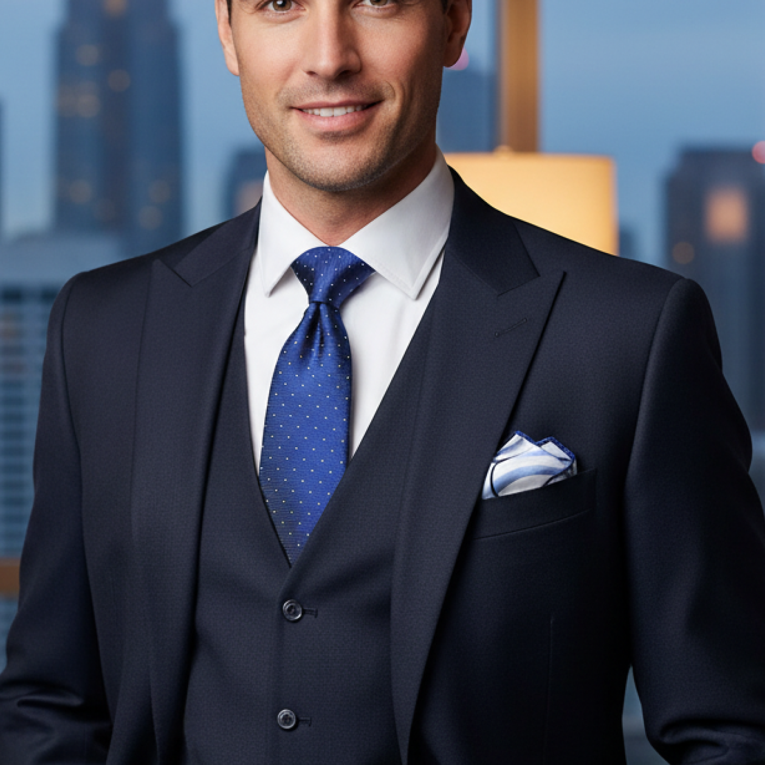 Man wearing a navy suit with a blue tie and white shirt, standing in front of a cityscape.