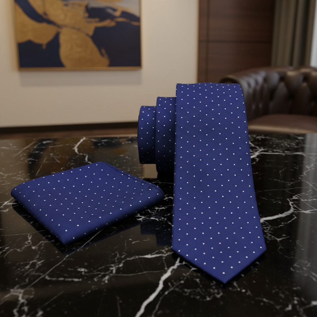 Alt Dark blue White Micro Dot Necktie and Matching Square