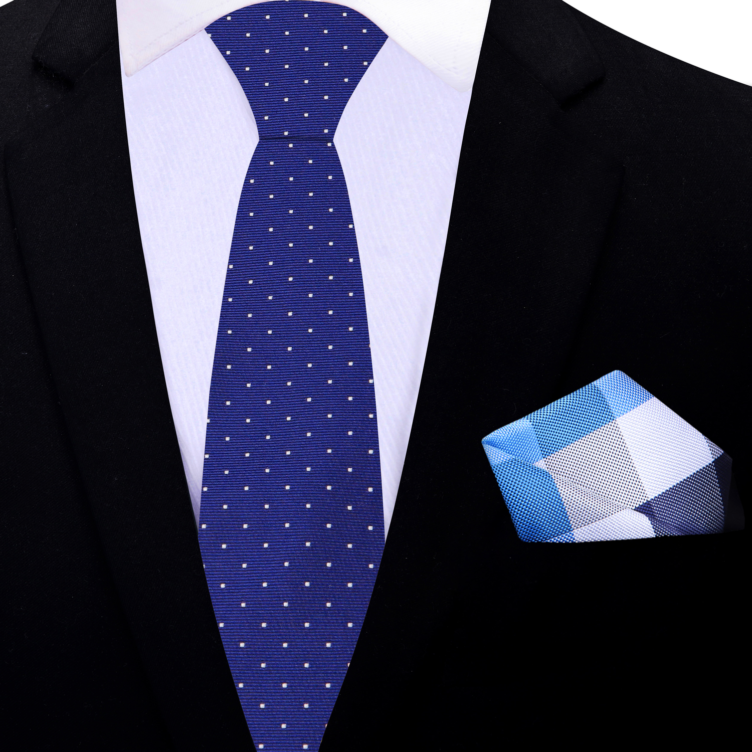 Thin Dark Blue with Small White Dot Necktie and Accenting Plaid Square