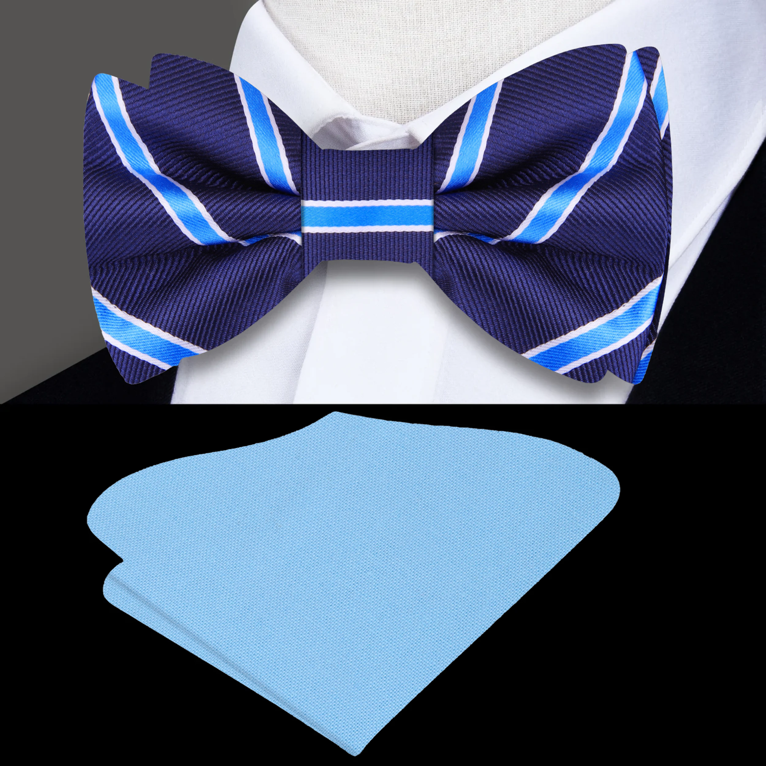 Blue, Light Blue Stripe Bow Tie and Light Blue Pocket Square||Blue
