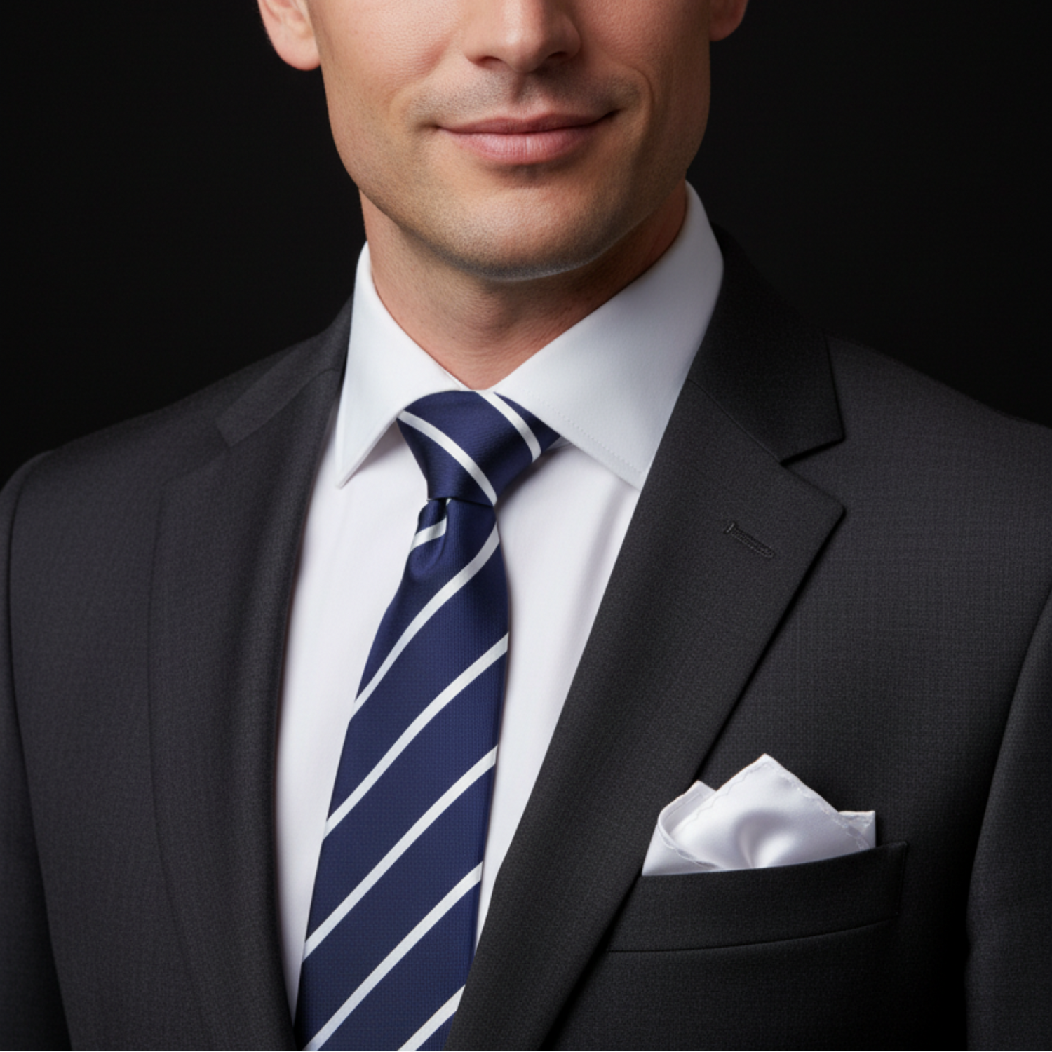 Man wearing a dark suit with a white shirt and blue striped tie against a black background