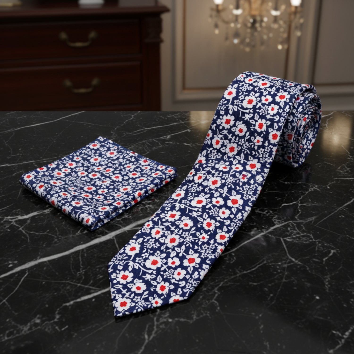 Alt: Blue, Red and White Simple Flowers Tie and Square